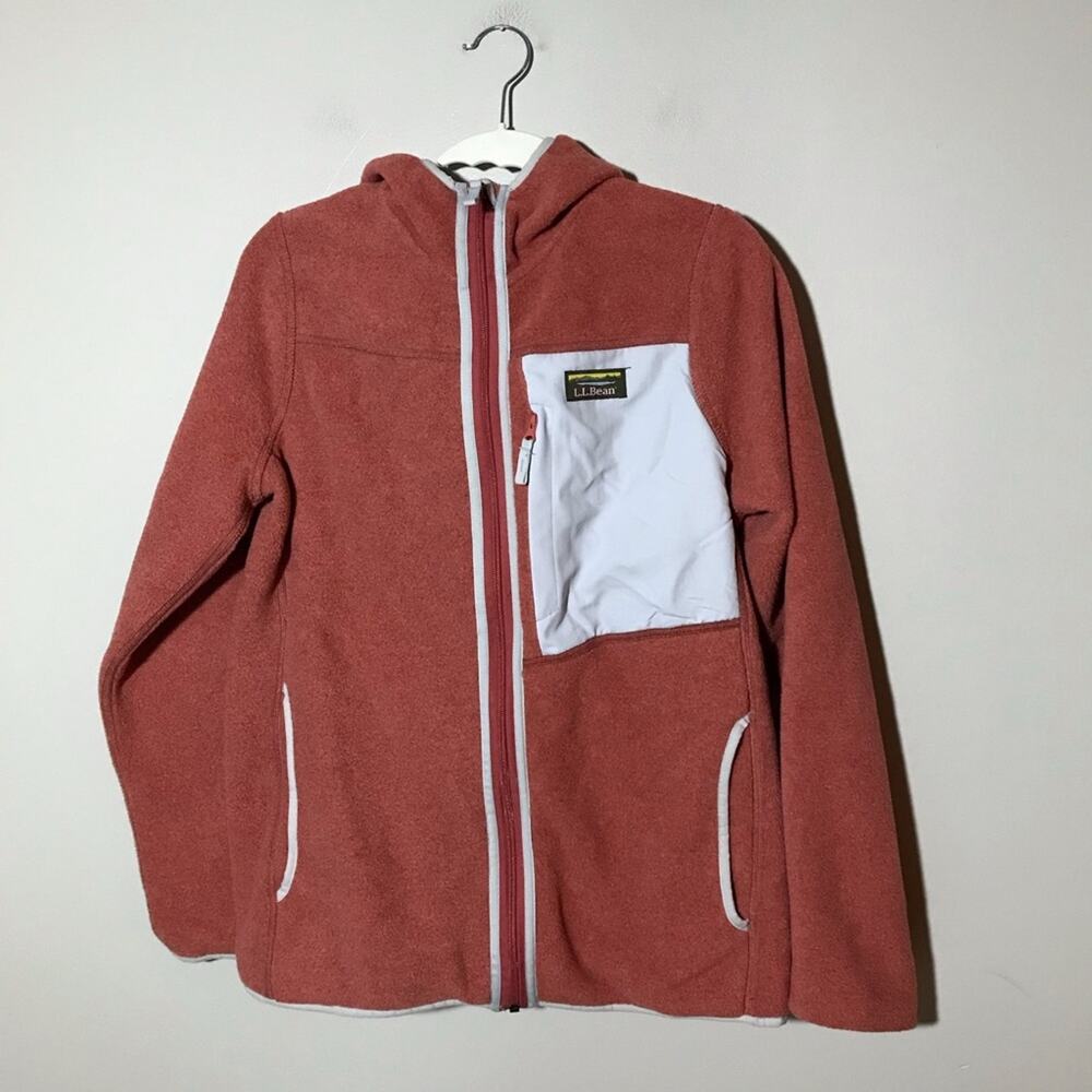 LL Bean S orange full zip sweater fleece hooded long sleeve contrasting pocket